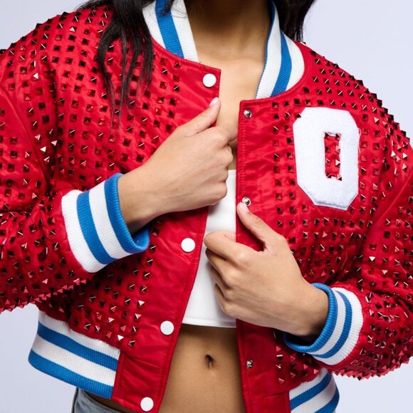 Red Studded Varsity Bomber Jacket Plus Size 1X XL - Picture 1 of 3